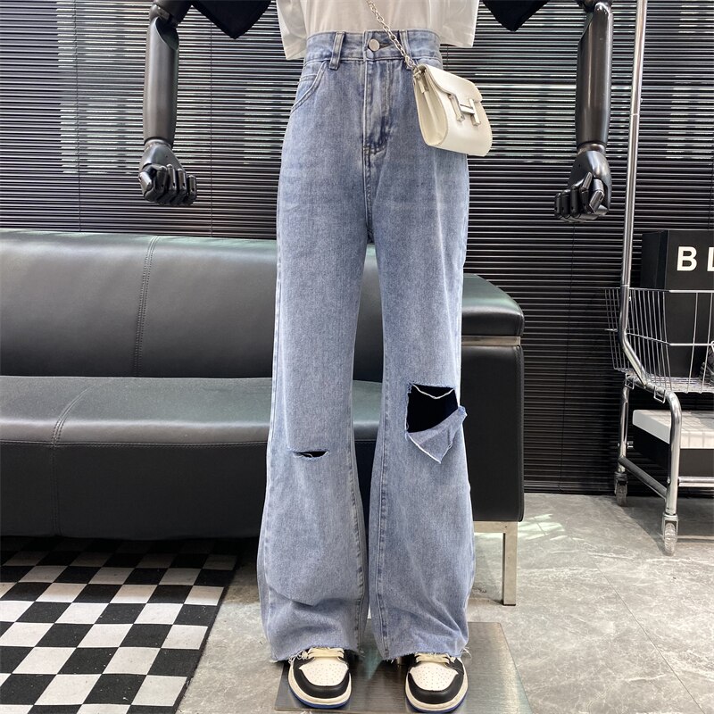 New 2022 Designer new style Famous brand hole Denim pants Straight Wide leg pants High waist Loose Jeans